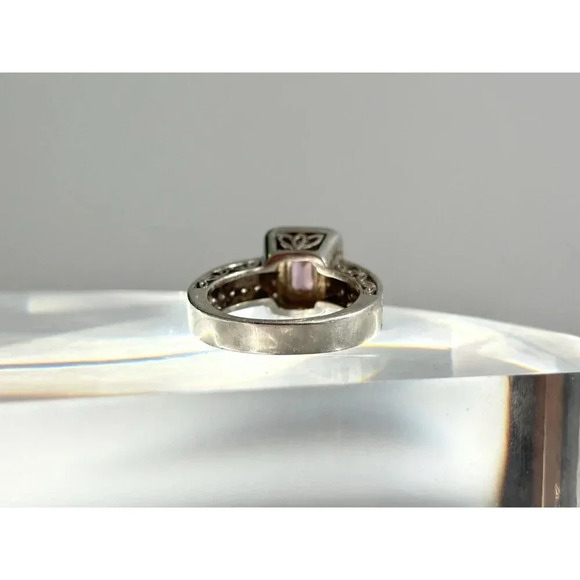 Pink Spinel Emerald Cut CZ Lined Double Shank Vintage Sterling Silver Ring  sz 5 - Picture 9 of 10